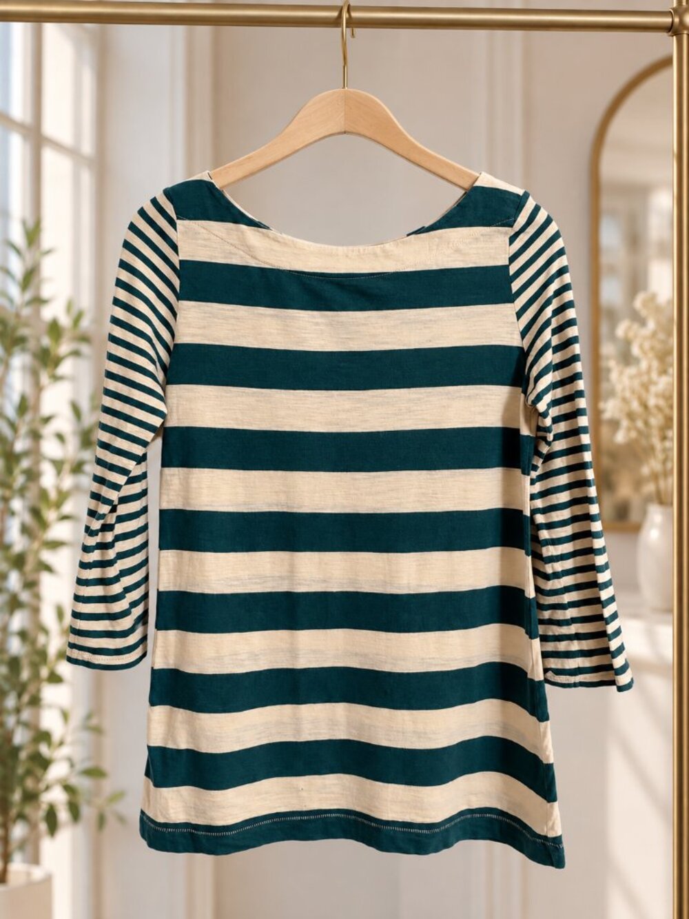 LOFT Teal Cream Striped Boat Neck 3/4 Sleeve Cotton Top Size S